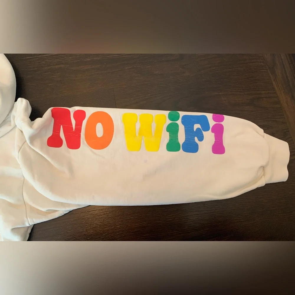 Mad Happy White Hoodie w/Red in front & multicolored on Sleeve. Small - Picture 2 of 4